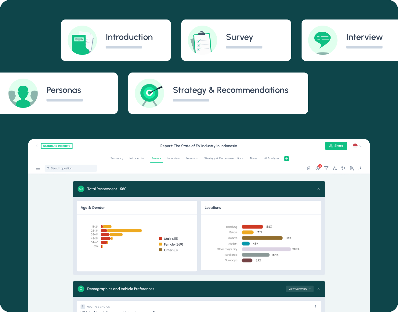 Preview of the reporting options of the Standard Insights platform such as creating tabs with survey data, interview data, Strategy information and more