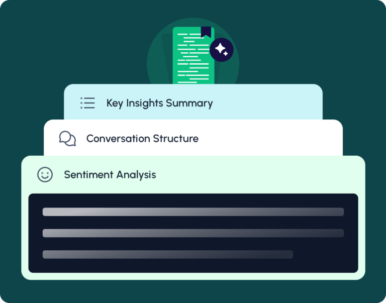 UI illustration of the AI Research Assistant's analysis capabilities, including automated key insights summary, conversation structuring, and sentiment analysis.