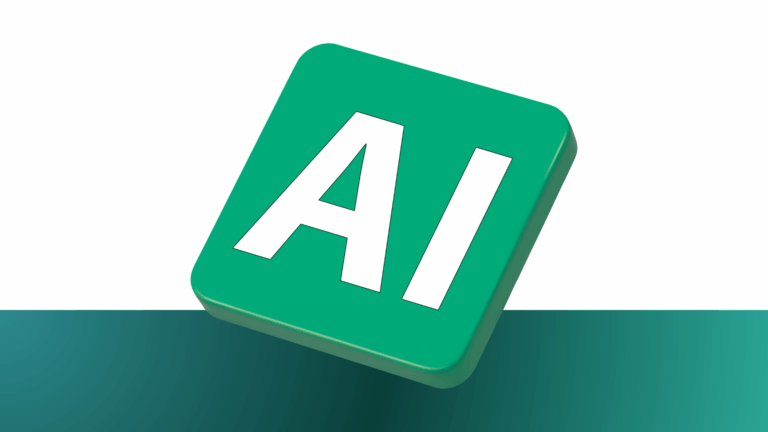 Minimal cover image with a tilted green tile labeled “AI” above a teal gradient bar, symbolizing AI elevating survey‑to‑report workflows.