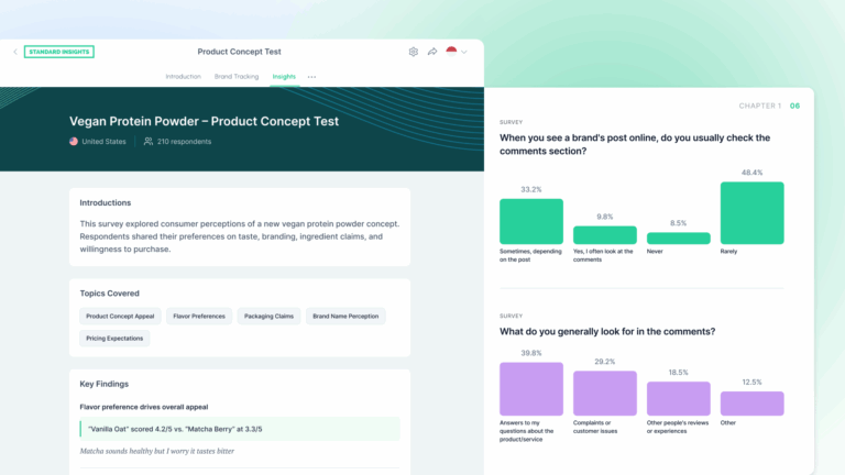 UI mockup of the Strategic Analysis report page featuring a Product Concept Test for Vegan Protein Powder with AI-generated key findings.