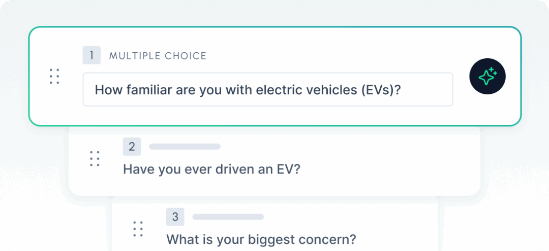 Survey builder card showing an auto‑suggested multiple‑choice question about familiarity with electric vehicles, with an AI sparkle icon indicating AI assistance.