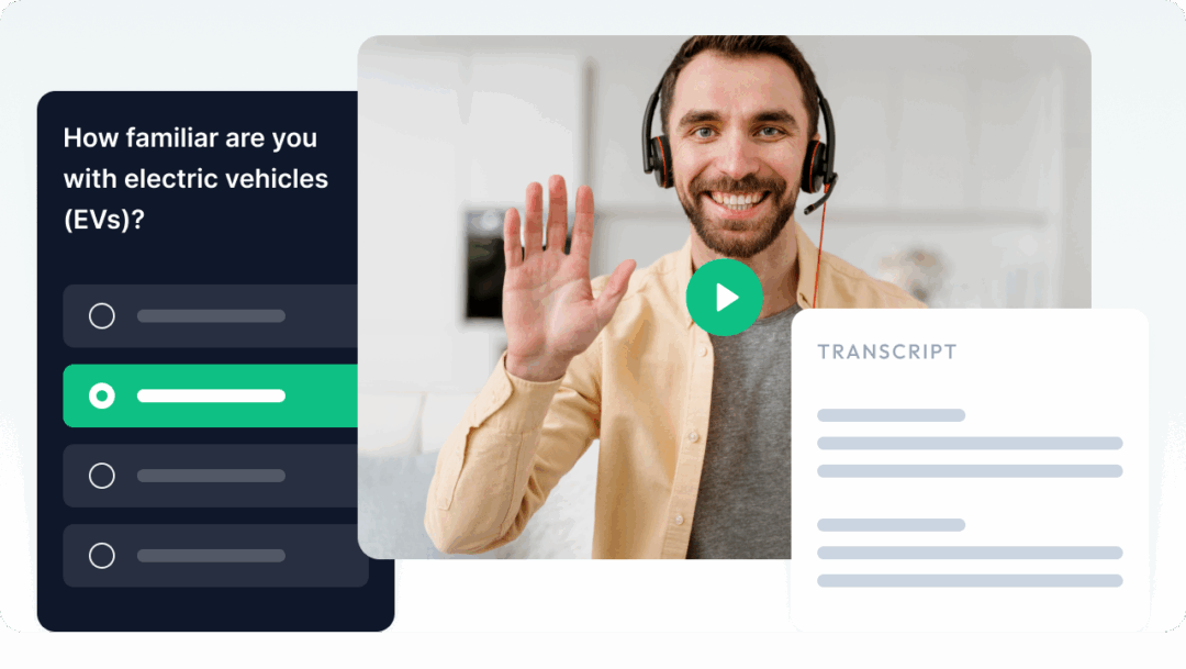 UI mockup of a video interview playback screen for moderated interviews, featuring a realtime transcript sidebar and integrated survey data for professional qualitative analysis.
