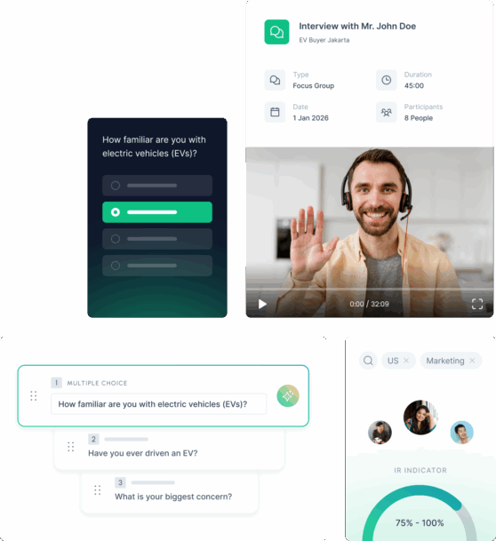 Hero section of the Standard Insights consumer research platform featuring the survey builder UI and a video interview interface for modern strategists.