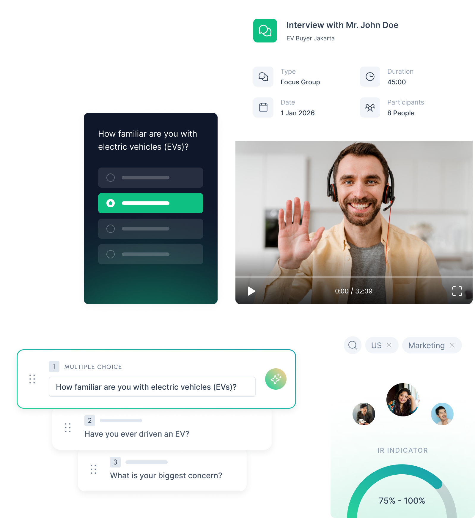 Hero section of the Standard Insights consumer research platform featuring the survey builder UI and a video interview interface for modern strategists.
