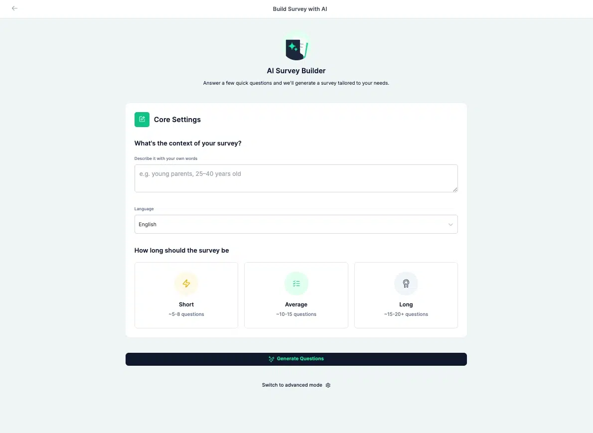 Screenshot of the AI Survey Builder screen in Standard Insights