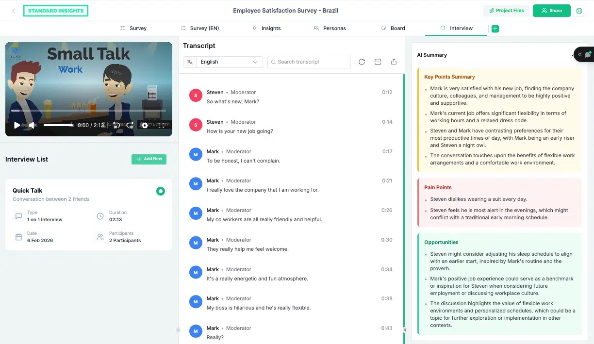 Screenshot of an Interview page in a Standard Insights report