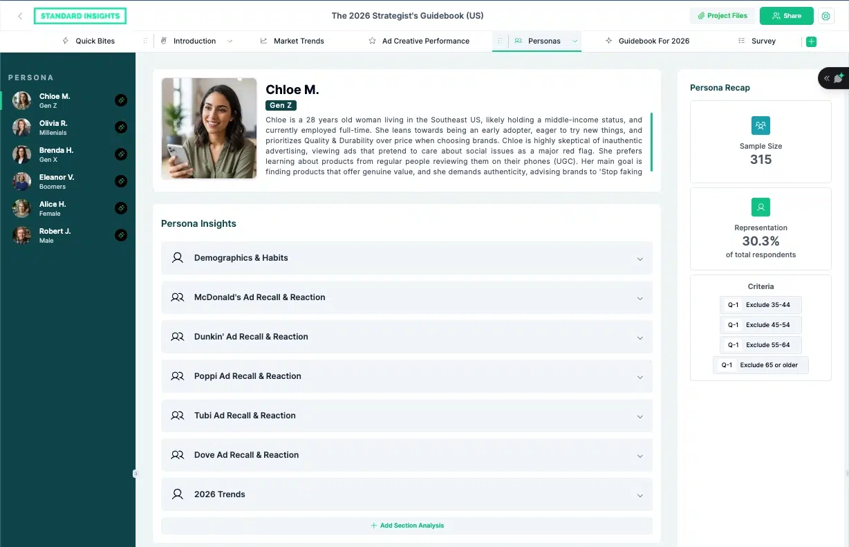 Screenshot of a Personas page in a Standard Insights report
