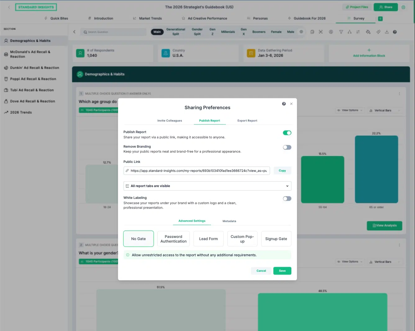 Screenshot of the Publish Report tab in a Standard Insights report