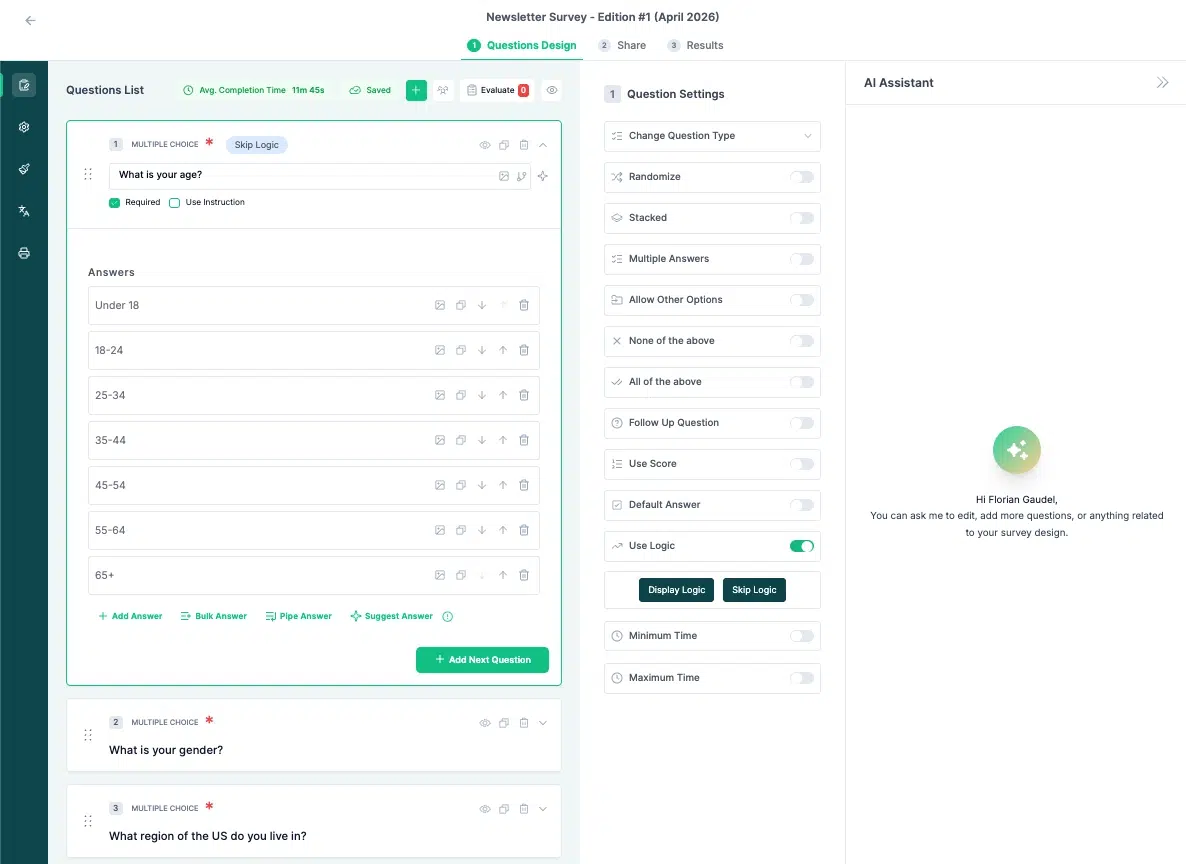 Screenshot of the AI Assistant panel in the Standard Insights survey builder