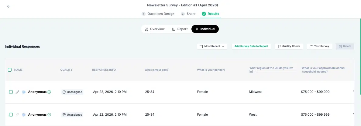Screenshot of the Results tab in the Standard Insights survey interface