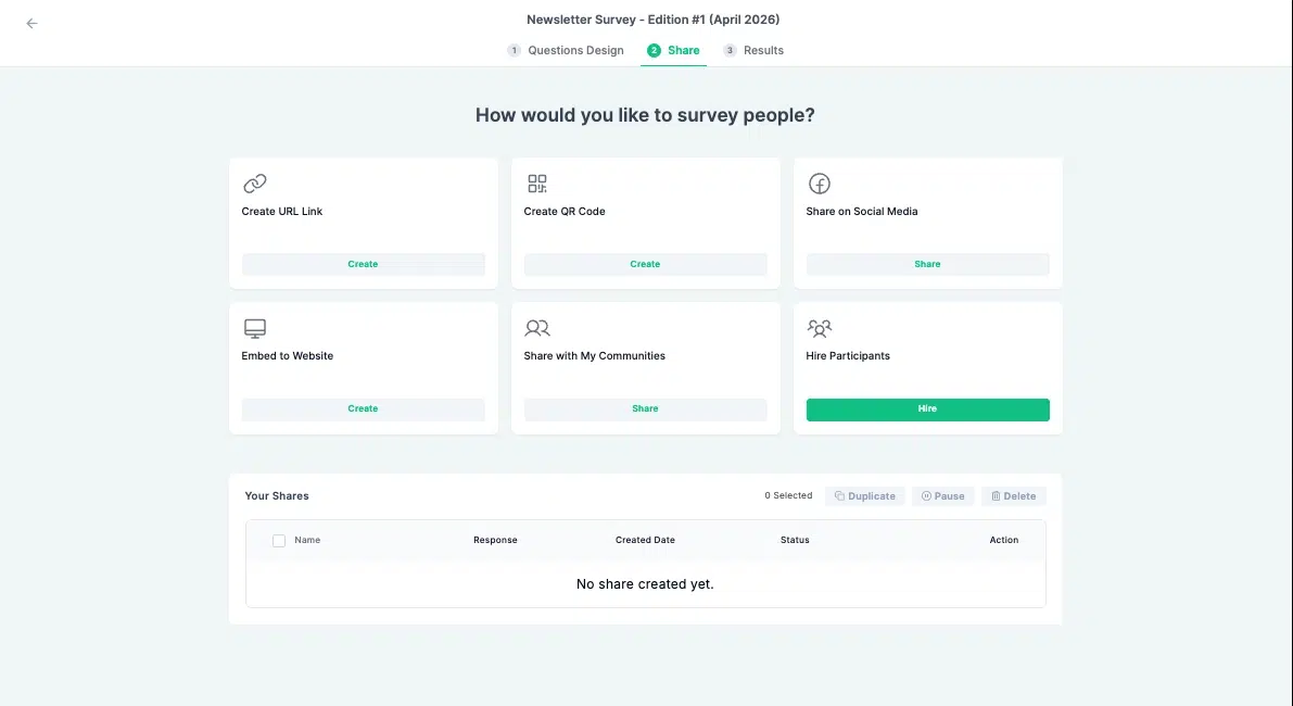 Screenshot of the Share tab in the Standard Insights survey interface