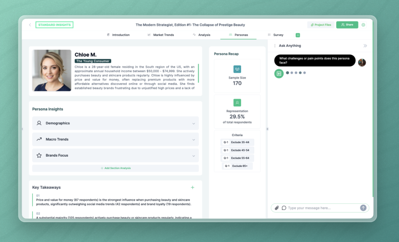 Screenshot of followup persona analysis or AI chat view in Standard Insights