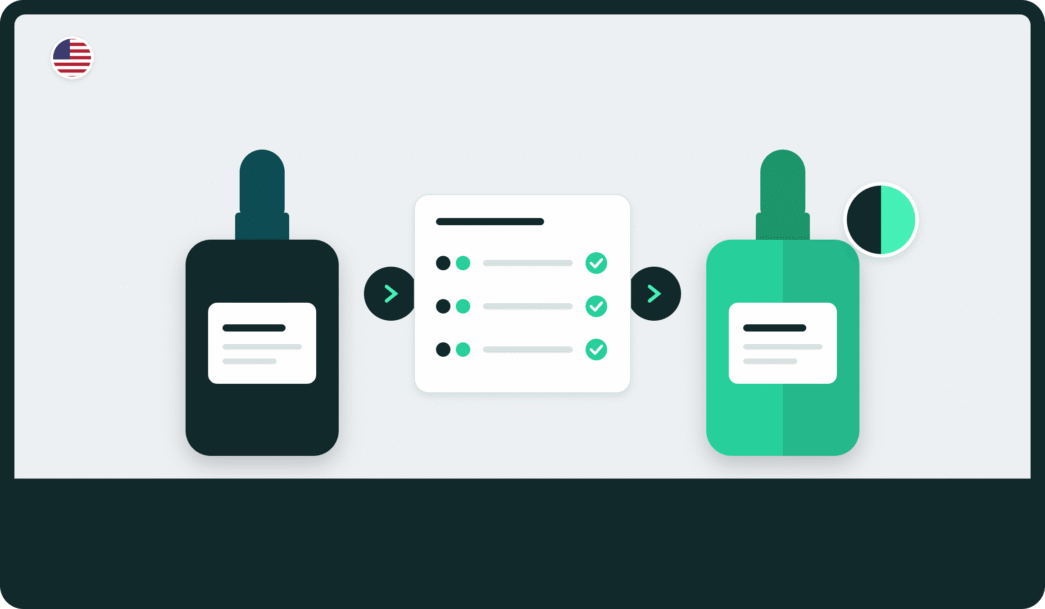 Beauty dupe strategy: a premium serum bottle and a cheaper dupe bottle linked by a checklist of matching ingredients, US survey