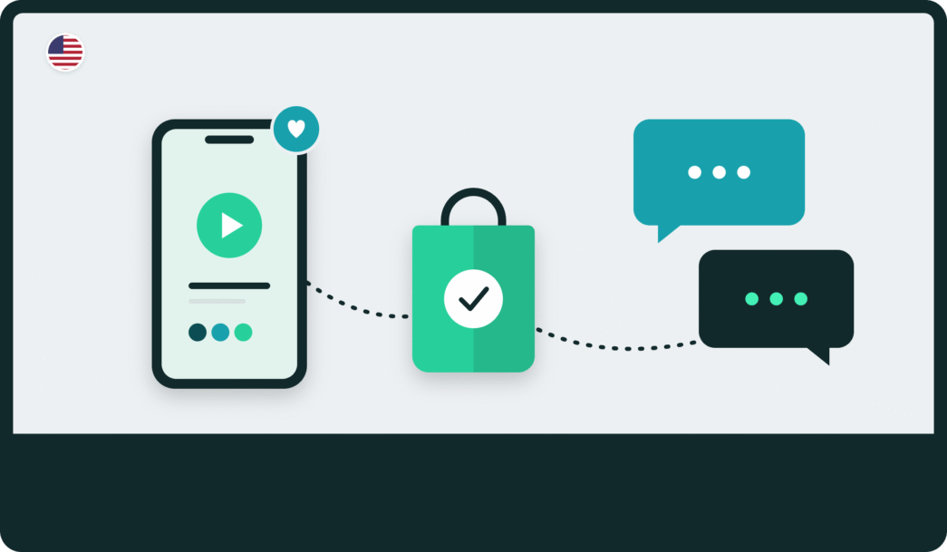 Influencer marketing vs word of mouth: a smartphone playing creator content and two chat bubbles both linked to a shopping bag with a check mark, US survey